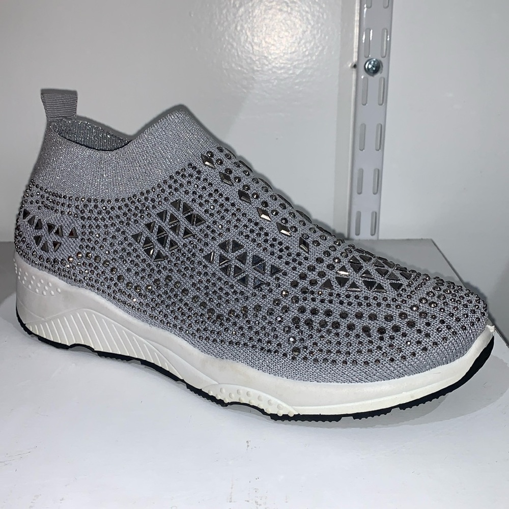 GREY SPARKLY RHINESTONE SLIP ON SNEAKERS